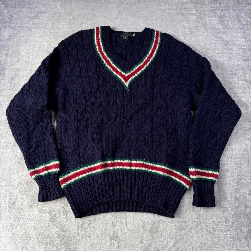 Vintage Abercrombie & Fitch Sweater Mens 42 Blue Cricket Wool Cable Knit V Neck